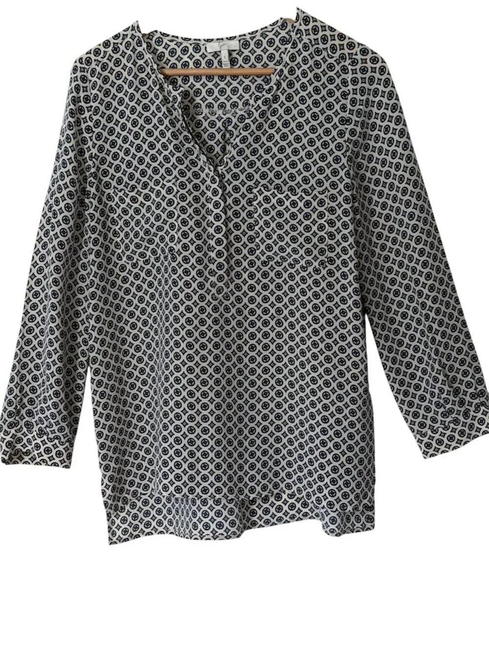 Joie Daryn 100% Silk Geometric Tile Medallion Print Boho Blouse Navy/Cream Sz S